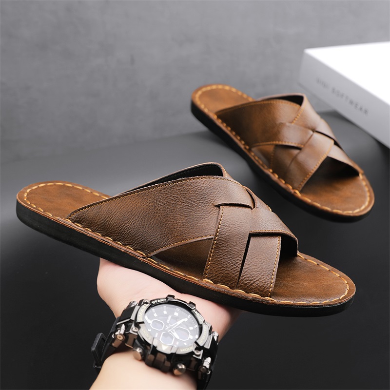 Men'S Accessories Leather - 本革メンズカジュアルサンダル夏メンズスリッパ屋外通気性ビーチシューズ快適なフラット男性フリップフロップサイズ 48
