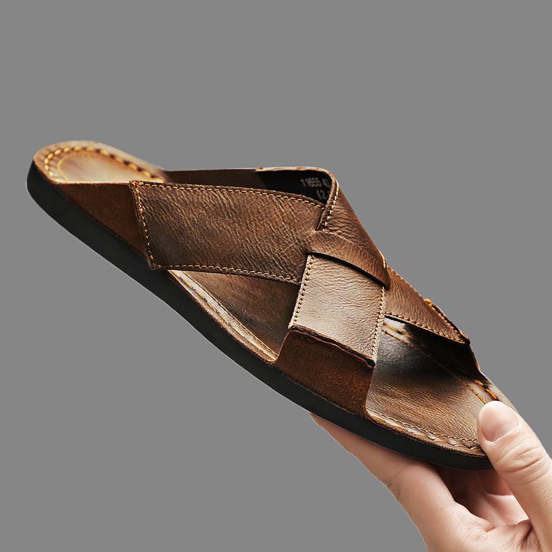 Men'S Accessories Leather - ファッション本革メンズスリッパ夏の男のサンダル屋外ビーチシューズ高品質カジュアルシューズ快適なビーチサンダル
