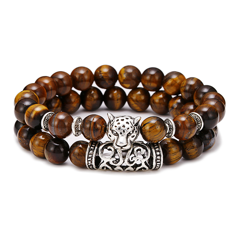 Men'S Vacation Accessories - プレミアム 2 ピース/セットヒョウビーズ男性アパレルアクセサリーブレスレット天然溶岩タイガーアイストーン Braslet ヒーリングオムハンド Joias