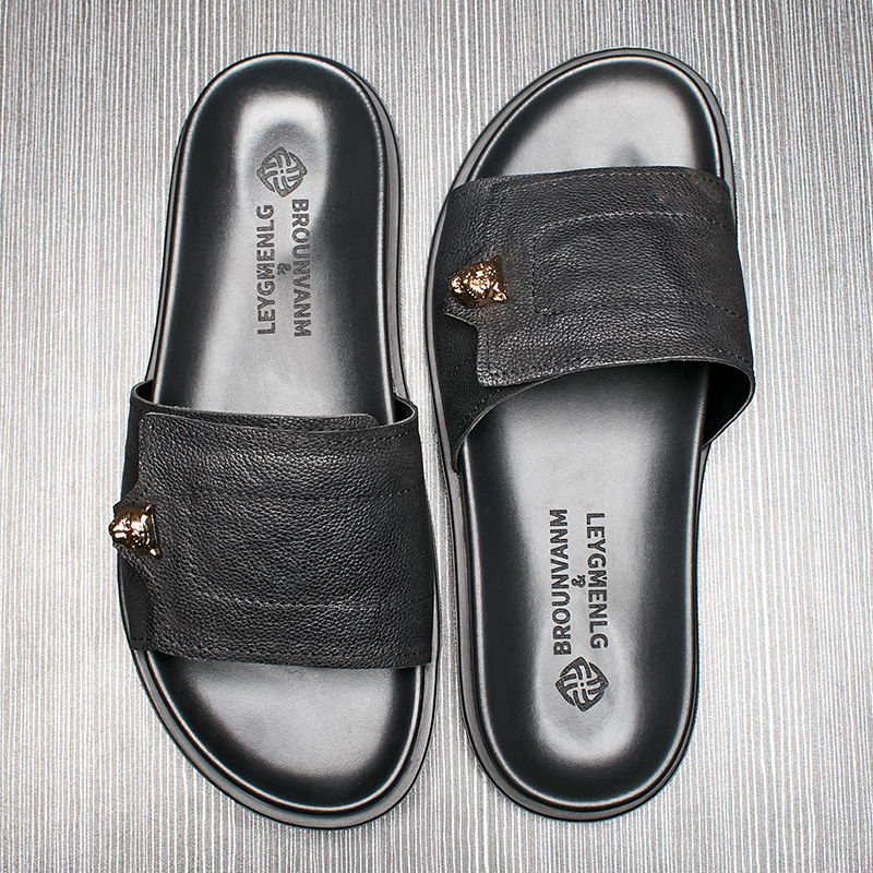 Men'S Accessories Leather - 2025年新作 本革スリッパ メタル装飾 滑り止め ビーチサンダル メンズ