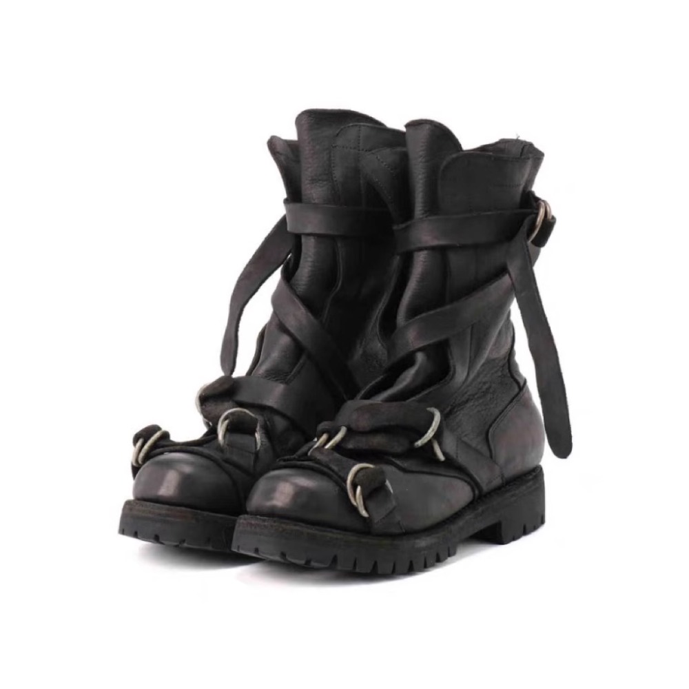 Men'S Accessories Leather - メンズレザーオートバイブーツパンクレトロ厚底ミッドカーフナイトブーツブラックソフトベルトバックルストラップハイトップモカシンシューズ