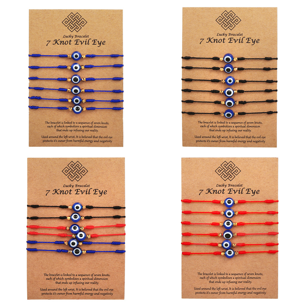 6 個ブルー邪眼ブレスレットセット女性男性用 7 ノット編組 - Men Accessories Evil Eye のレビューと価格