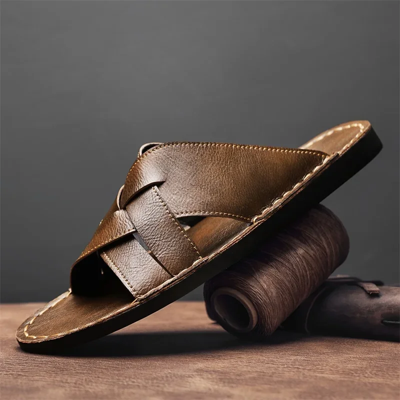 本革メンズカジュアルサンダル夏メンズスリッパ屋外通気性ビーチ - Men'S Accessories Leather のレビューと価格