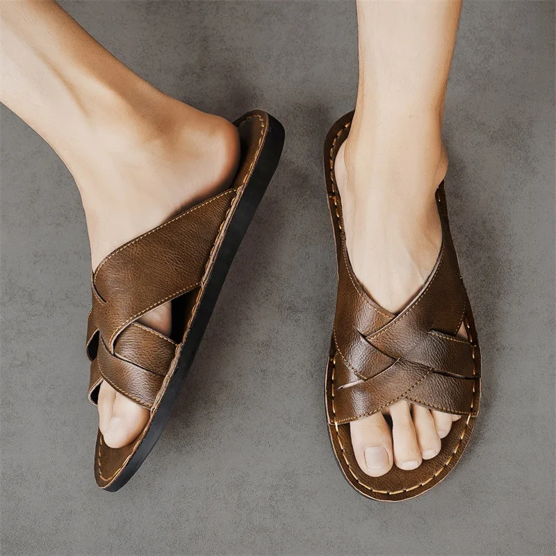 本革メンズカジュアルサンダル夏メンズスリッパ屋外通気性ビーチ - Men'S Accessories Leather のレビューと価格