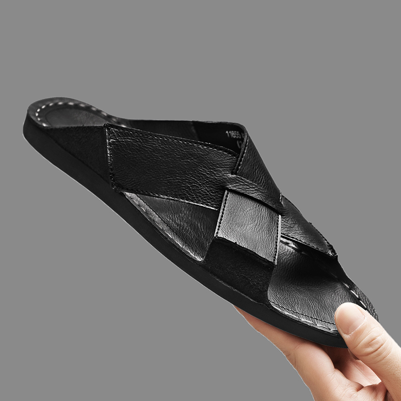 ファッション本革メンズスリッパ夏の男のサンダル屋外ビーチシュ - Men'S Accessories Leather のレビューと価格