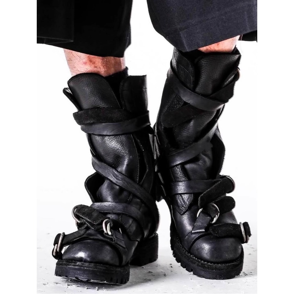 メンズレザーオートバイブーツパンクレトロ厚底ミッドカーフナイ - Men'S Accessories Leather のレビューと価格